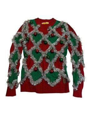 Tipsy Elves Sweater Small Red Green Tinsel Ornament Ugly Christmas Holiday